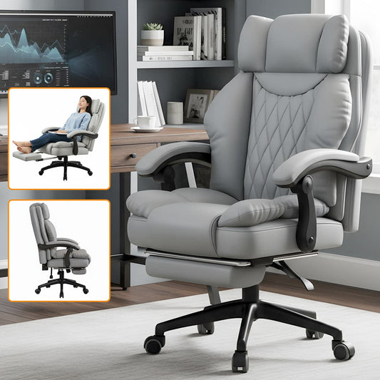 Scaun de Birou Elindor® Ergonomic, Design Contemporan, Scaun cu Spatar si Manere, din Piele PU cu Suport pentru Picioare si Roti, Latime Sezut 58 cm, Inaltime intre 110-118 cm, Gri