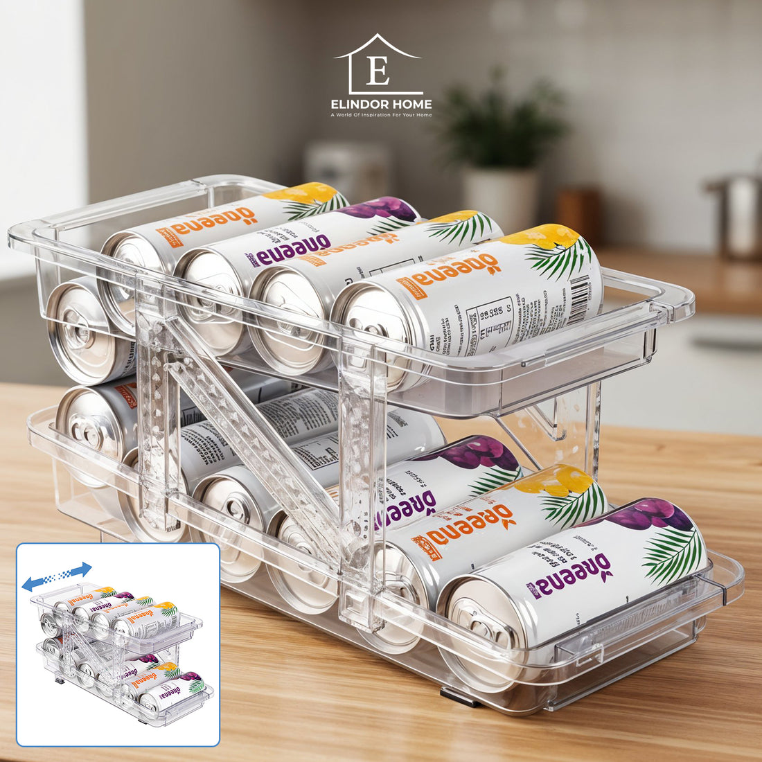 Organizator Bauturi Elindor® pentru Frigider, Dulap sau Blat, 10-11 Doze de 330-500 ml, 2 Nivele, Ajustabil, Antiderapant, Potrivit si pentru Iaurt,32 x 23.5 x 16.5 cm, Transparent