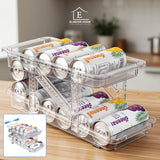 Organizator Bauturi Elindor® pentru Frigider, Dulap sau Blat, 10-11 Doze de 330-500 ml, 2 Nivele, Ajustabil, Antiderapant, Potrivit si pentru Iaurt,32 x 23.5 x 16.5 cm, Transparent