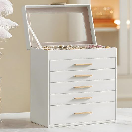 Cutie de Bijuterii Elindor® Organizator pe 6 Niveluri, Sertar x5, Spatiu de Depozitare pentru Inel, Verighete, Lantisoare, Bratari, Cercei, Caseta din Material Catifelat, Design Rafinat, Simplu si Elegant, Piele Ecologica Alba, 16.3 x 25 x 29 cm