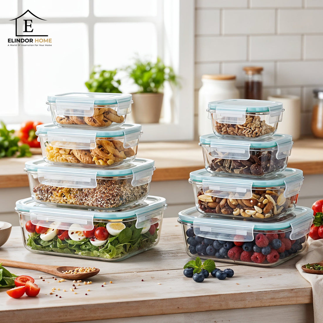 Set de 8 Caserole Elindor® din Sticla, Recipiente Ingrediente pentru Bucatarie, pentru Alimente Uscate, Recipient pentru Depozitare Cafea, Zahar, Paste, Cereale, Capac Etans, Potrivit pentru Congelator, Transparent