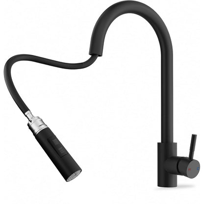 Baterie Chiuveta Neagra Elindor®, Robinet de Apa pentru Bucatarie, Jet Reglabil, Modern cu Pipa Flexibila, Cap Dus Extractabil cu Doua Functii, Monocomanda, Rotativ 360°, Otel Inoxidabil, Finisaj Mat
