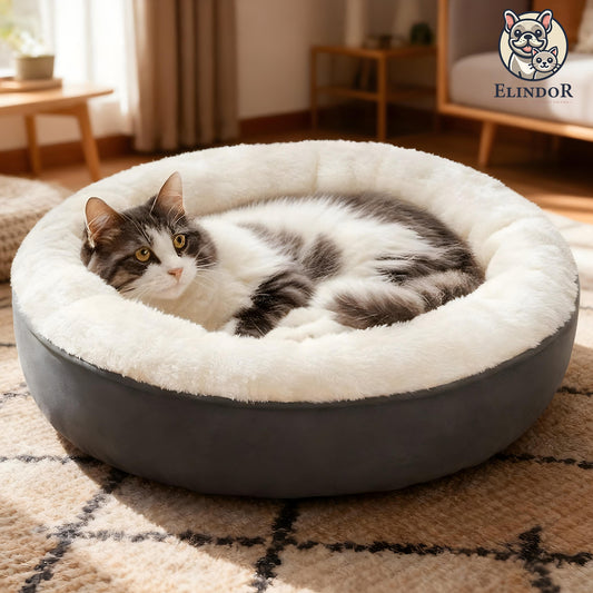 Pat Caini si Pisici Elindor®️ cu Baza Antiderapanta, Pat Rotund cu Perna Moale, Anti-Alunecare, Material Confortabil, Spalare Usoara, Ideal in Orice Anotimp pentru Interior in Casa, Culcus Animale de Talie Mica si Medie, 50 x 50 x 15 cm, Gri / Alb