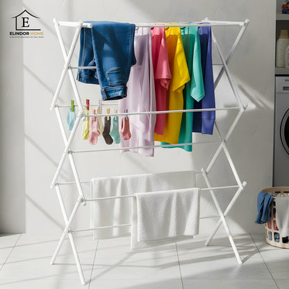 Uscator Vertical Elindor® pentru Rufe haine 6 Nivele, Pliabil, 11 Bare pentru Uscare Haine, Suport Fix, Economie de Spatiu, Ideal pentru Interior, Greutate Maxima Suportata 14.5 kg, 37 × 75 × 106 cm, Alb