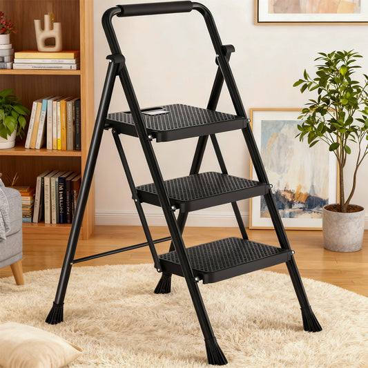 Scara Pliabila Metalica Elindor® cu 3 Trepte, Portabila, cu Pedale si Maner Antiderapante, Ideala pentru Interior sau Exterior, pentru Uz Casnic, Usor de Depozitate, 51 × 68 × 104 cm, Negru