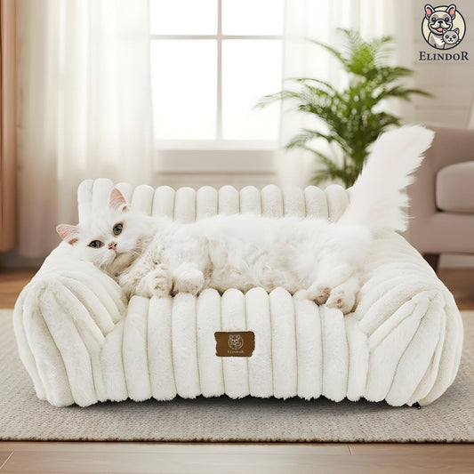 Pat Confortabil pentru Caini si Pisici Elindor® Tip Canapea, Culcus Moale Antiderapant, cu Husa Detasabila din Microfibra Lavabila la Masina, Potrivit pentru Caine si Pisica de Talie Mica, Ideal in Orice Anotimp, in Casa, 61 x 46 x 25 cm, Crem