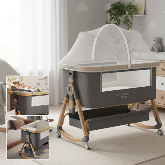 Patut Pliabil Bebelusi Elindo® 3 in 1, Copii 0-12 luni, Leagan Bebe pe 2 Etaje, Cos Depozitare, 6 Trepte de Inaltime Reglabila, Portabil, Plasa Laterala, Roti cu Sistem Blocare, Saltea Integrata, Greutate Maxima 15 kg, Gri