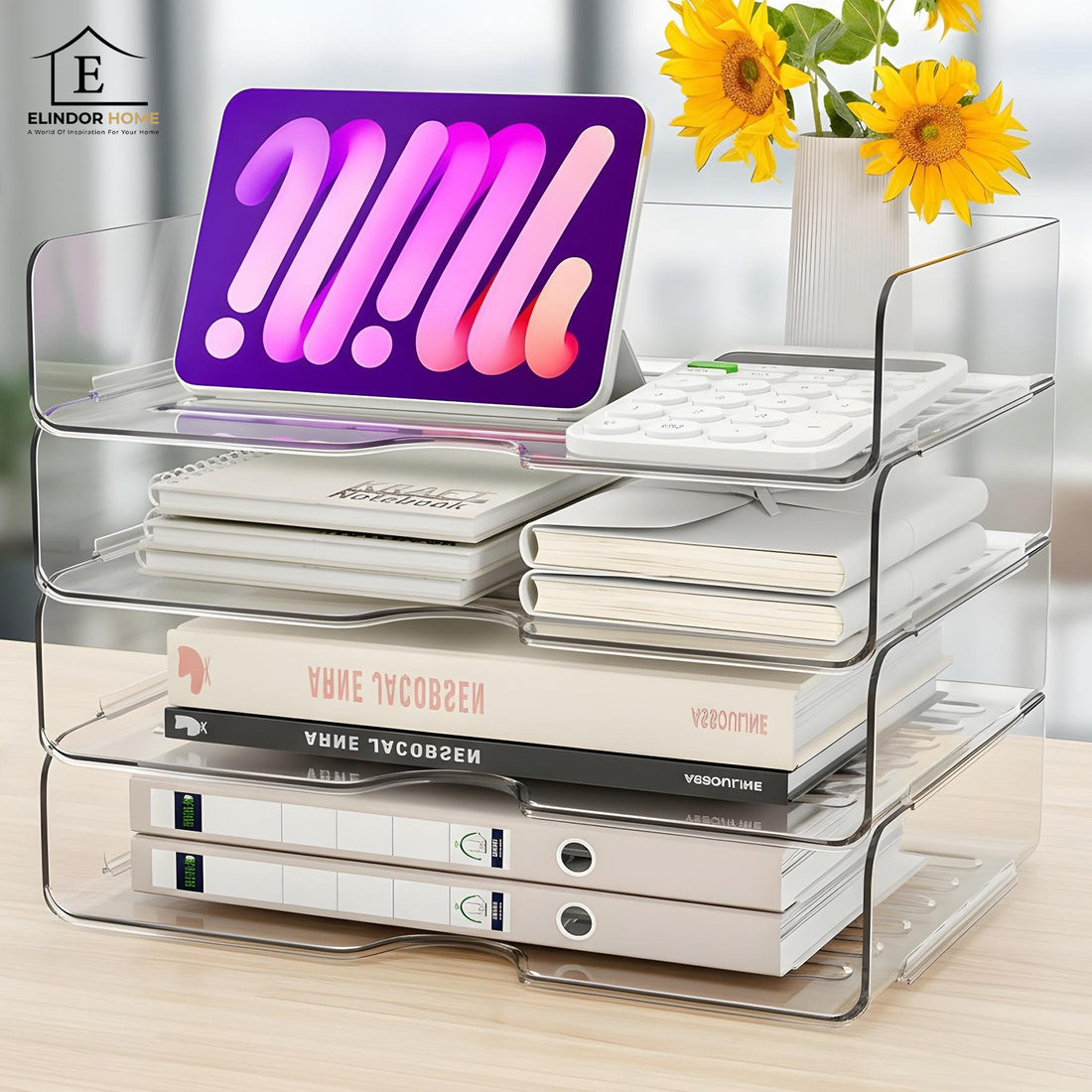 Set 4 Tavi de Depozitare Elindor® Cutii pentru Documente, Cutie cu 4 Compartimente Detasabile, Organizator de Birou, Potrivit si pentru Baie, Living, Bucatarie, pentru Creioane, Hartii, Rechizite, Pixuri, Suport Multufunctional, 33 x 25 x 27 cm, Transpare