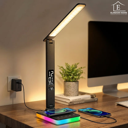 Lampa de Birou Elindor® Negara cu LED Integrat, Incarcare USB, cu Incarcare Rapida Telefon, 3 Moduri Lumina Camera Rece/Cald, Comanda prin Buton, Veioza Pliabila cu Brat Reglabil, Compacta si Portabila, pentru Birou, Dormitor, Hol, Living, 36.5 cm