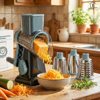 Rasnita Rotativa 3 in 1 Elindor® cu Maner, Razatoare Lame din Otel Inoxidabil, Tocator Legume, Cascaval, Razatoare Branza, Nuci, Morcovi, Varza, Ustensila de Bucatarie, Design Compact, Multifunctional, Gri