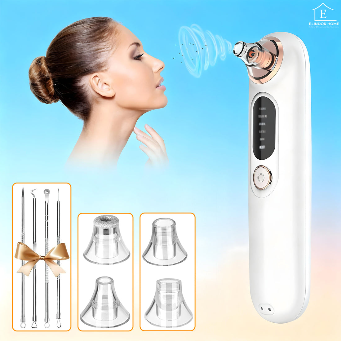 Aspirator Puncte Negre Elindor® 5 Trepte de Aspirare si Extractie pentru Fata, 4 Capete de Schimb, Tehnologie Vacuum pentru Ingrijire Ten, Extractor Sebum si Cosuri, Aparat Reincarcabil USB pentru Ingrijirea Tenului, Alb