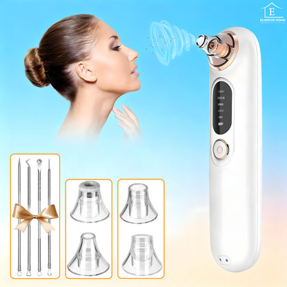 Aspirator Puncte Negre Elindor® 5 Trepte de Aspirare si Extractie pentru Fata, 4 Capete de Schimb, Tehnologie Vacuum pentru Ingrijire Ten, Extractor Sebum si Cosuri, Aparat Reincarcabil USB pentru Ingrijirea Tenului, Alb