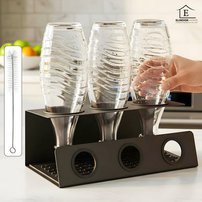 Scurgator de Sticle Elindor® cu 3 Orificii, Suport Scurgere Capace, Otel Inoxidabil, Ideal pentru Chiuveta in Bucatarie, Bar, cu Scurgere Automata si Ventilatie Completa, Multifunctional, 11.3 x 13.3 x 30 cm, Negru