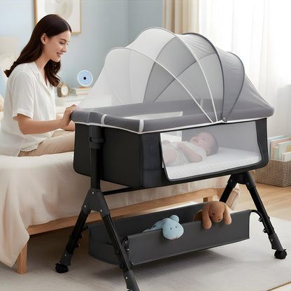 Patut Pliabil Bebelusi Elindor® 3-in-1, pentru Copii 0-36 luni, Leagan Bebe pe 2 Etaje, Cos Depozitare, 3 Trepte de Inaltime Reglabila, Plasa Laterala, Geanta Transport Calatorie, Roti cu Sistem Blocare, Saltea Integrata, Greutate Maxima 15 kg, Gri Inchis