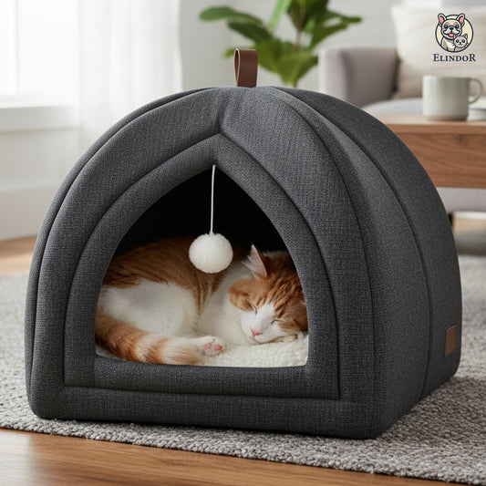 Pat pentru Pisici si Caini Elindor® Tip Cort, Culcus cu Interior Pliabil, Cu Perna Detasabila si Lavabila, Jucarie Agatata, Ascunzatoare pentru Odihna si Joaca, 40×40×40 cm, Gri Inchis