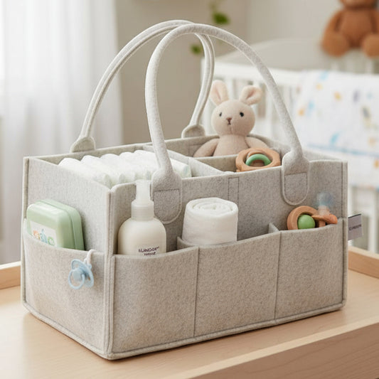 Cutie Depozitare pentru Scutece Elindor® Compartimentare Ajustabila, Organizator pentru Camera Copilului, Organizatoare pentru Dulap, Cutie Organizare, Cos Multifunctional, Separator Haine, Paturi, Jucarii, pentru Dormitor, Masina, 23 x 33 x 18 cm, Bej