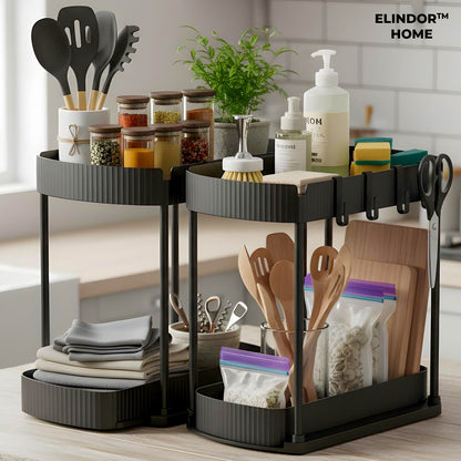 Set 2 Organizatoare Elindor® cu 2 Nivele, Recipient de Depozitare Multifunctional si Glisant, Organizator pentru Dulapul de sub Chiuveta din Baie si Bucatarie, 20.3 x 38 x 32.5 cm, Negru