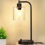 Veioza de Noptiera Elindor® cu Intrerupator Rotativ de Reglare a Intensitatii, Lampa cu Baza Metalica si Abajur din Sticla, Lampa pentru Camera de Zi, pentru Dormitor, Sufragerie, Birou, 2 Porturi USB, Antialunecare, 20 x 15 x 41 cm, Negru