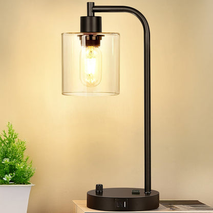 Veioza de Noptiera Elindor® cu Intrerupator Rotativ de Reglare a Intensitatii, Lampa cu Baza Metalica si Abajur din Sticla, Lampa pentru Camera de Zi, pentru Dormitor, Sufragerie, Birou, 2 Porturi USB, Antialunecare, 20 x 15 x 41 cm, Negru