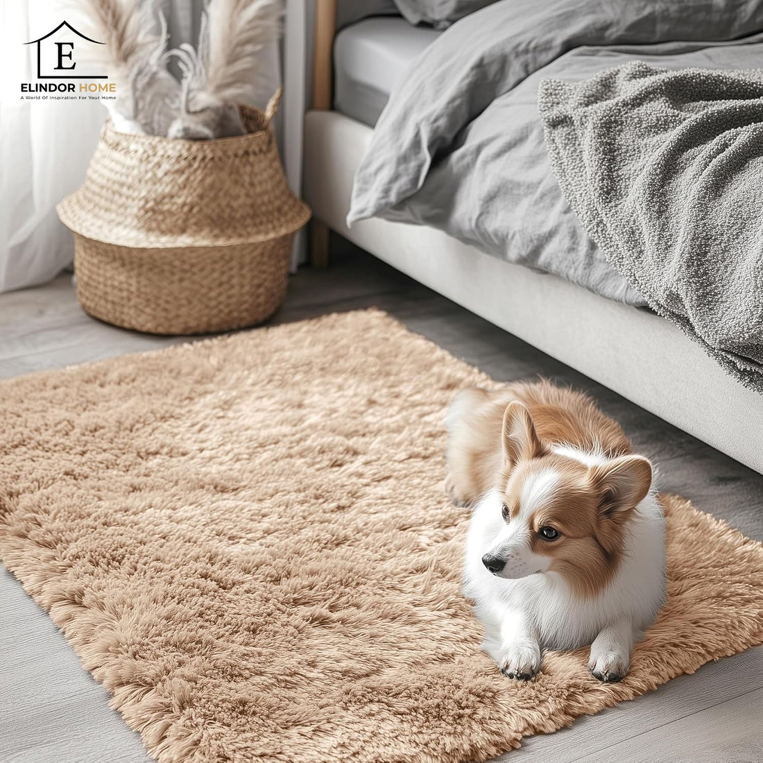 Covor Elindor® Antiderapant, Lavabil, Modern, Ideal pentru Living, Dormitor, Birou, Camera Copiilor, Covor cu Tesatura Lunga si Moale, Curatare Usoara, 120 x 160 cm, Bej