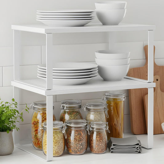 Set 2 Rafturi Elindor® din Bambus, Raft Extensibil si Suprapus pentru Bucatarie, Organizator Metalic Reglabil, Ideal ca Etajera Depozitare in Camara sau Birou, Perfect pentru Condimente, Vesela, Farfurii, Stabil si Compact, Polita pentru Obiecte Diverse,