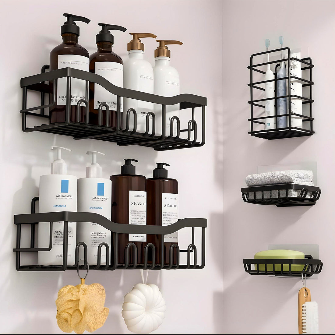 Set 5 Rafturi de Dus Elindor® Polita cu Adeziv, Etajera de Baie pentru Colt, Raft cu Carlige, din Otel Carbon, Suport Prosop si Sapun, Organizator Baie sau Etajere Depozitare in Bucatarie, Accesorii, 14 × 32.3 × 10.5 cm, Negru