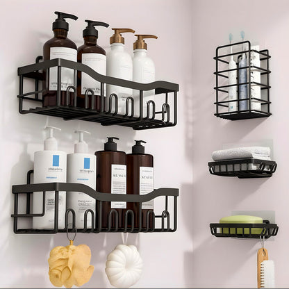 Set 5 Rafturi de Dus Elindor® Polita cu Adeziv, Etajera de Baie pentru Colt, Raft cu Carlige, din Otel Carbon, Suport Prosop si Sapun, Organizator Baie sau Etajere Depozitare in Bucatarie, Accesorii, 14 × 32.3 × 10.5 cm, Negru