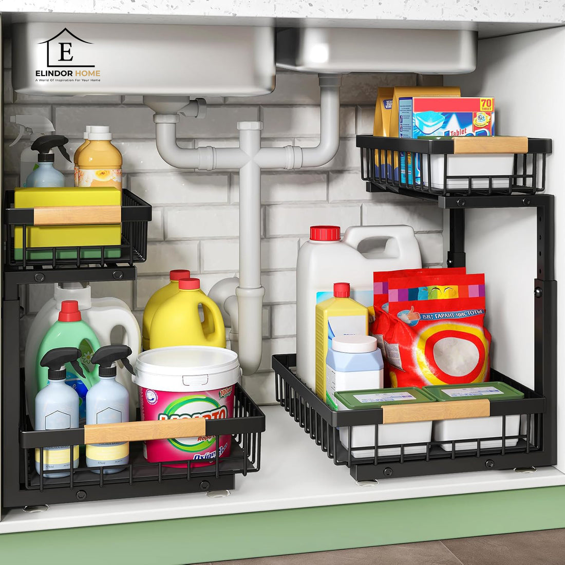 Organizator Multifunctional Elindor® pe 2 Nivele, 2x Sertar Glisant, Montat pe Blat sau in Dulap sub Chiuveta, Suport Metalic Organizare, pentru Bucatarie, Baie, Camara, Bar, Raft cu Sertare Depozitare Legume, Detergenti, Parfumuri, 40×30×43 cm, Negru