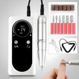 Freza Unghii Electrica Elindor® cu Suport Pila Electrica Reincarcabila, Set Complet de Ingrijire pentru Manichiura si Pedichiura Profesionala, Cuticule sau Calcaie, Ecran LCD, 45000 RPM, Viteza Reglaj Continuu, 6 Capete Detasabile, 6 Benzi Abrazive, Alb