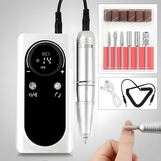 Freza Unghii Electrica Elindor® cu Suport Pila Electrica Reincarcabila, Set Complet de Ingrijire pentru Manichiura si Pedichiura Profesionala, Cuticule sau Calcaie, Ecran LCD, 45000 RPM, Viteza Reglaj Continuu, 6 Capete Detasabile, 6 Benzi Abrazive, Alb