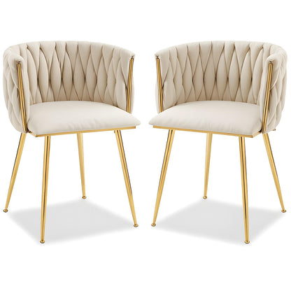 Set 2 Scaune Elindor® Ergonomice, Tip Scoica, Design Contemporan, Scaun cu Spatar si cu Manere, din Catifea cu Picioare Metalice Aurii, Potrivite pentru Living, Bucatarie, Birou, Dormitor, Bej