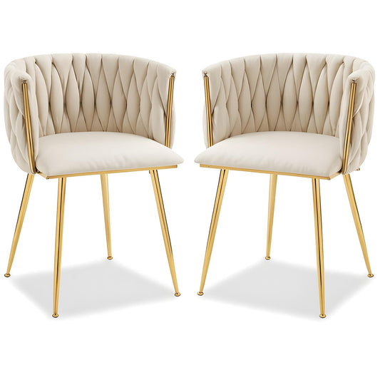 Set 2 Scaune Elindor® Ergonomice, Tip Scoica, Design Contemporan, Scaun cu Spatar si cu Manere, din Catifea cu Picioare Metalice Aurii, Potrivite pentru Living, Bucatarie, Birou, Dormitor, Bej