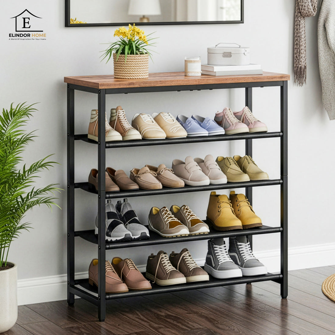 Organizator pentru Pantofi Elindor® Pantofar cu 5 Nivele Mari, Fara Gauri, Suport Metalic si MDF pentru Papuci, Dulap Hol, Dormitor, Economisire Spatiu, Depozitare Incaltaminte, 75 x 30 x 90 cm, Negru/Maro