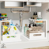 Organizator Multifunctional Elindor® 2 Nivele, pe Blat / in Dulap sub Chiuveta, Sertar Glisant, Suport Metalic Organizare, Ideal pentru Bucatarie, Baie, Camara, Bar, Raft cu Sertare Depozitare Legume, Fructe, Detergenti, Parfumuri, 36 x 27 x 28.5, Alb