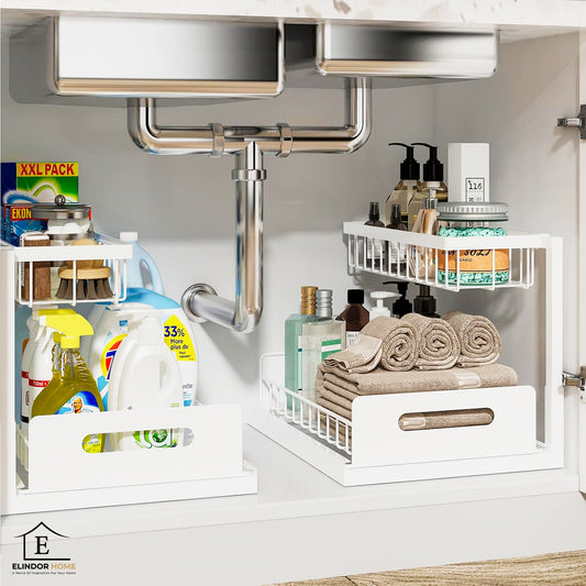Organizator Multifunctional Elindor® 2 Nivele, pe Blat / in Dulap sub Chiuveta, Sertar Glisant, Suport Metalic Organizare, Ideal pentru Bucatarie, Baie, Camara, Bar, Raft cu Sertare Depozitare Legume, Fructe, Detergenti, Parfumuri, 36 x 27 x 28.5, Alb