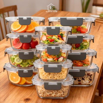 Set de 12 Caserole Elindor® din Sticla, Recipiente Ingrediente pentru Bucatarie, pentru Alimente Uscate, Recipient pentru Depozitare Cafea, Zahar, Paste, Cereale, Capac Etans, Potrivit pentru Congelator Transparent