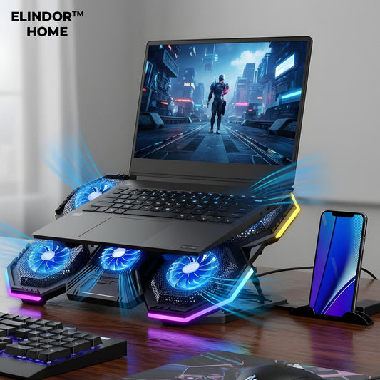 Cooler Laptop Gaming RGB Elindor® Suport cu Unghi Reglabil, Suport pentru Telefon, Dimensiuni Compatabile 12-17 Inch, 6 Ventilatoare Puternice si Silentioase 20dB, Viteza Ajustabila, 2 Porturi USB, pentru Birou, Calatorii, 40 x 27 x 3.6 cm, Negru