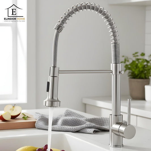 Baterie Chiuveta Bucatarie Argintie Elindor®, Robinet de Apa, Modern cu Pipa Flexibila, Cap Dus Extractabil cu Doua Functii, Jet Reglabil, Monocomanda, Rotativ 360°, pentru Bucatarie, Otel Inoxidabil 201, Inaltime 46 cm