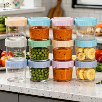 Set 12 Recipiente Elindor® pentru Hranire Bebelusi, pentru Diversificare, Hranire si Alaptare, Ideale pentru Lapte Praf, Sticle pentru Mancare, din Sticla, fara BPA, 6 x 6.2 cm, Multicolor