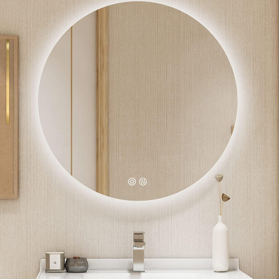 Oglinda Rotunda de Perete pentru Baie Elindor® cu Iluminare LED, 3 Culori de Lumina, Luminozitate Reglabila, Touch Control, Anti-Aburire, Anti-Spargere, Memorie Lumina, Marime 91.4 cm