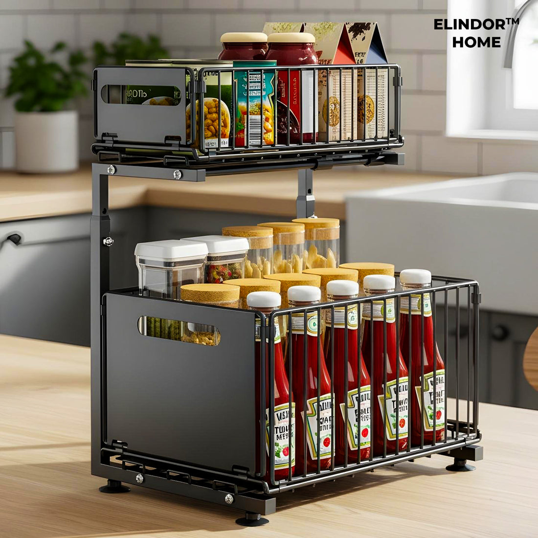 Organizator Elindor® cu 2 Nivele, Recipient de Depozitare Multifunctional si Glisant, Organizator pentru Dulapul de sub Chiuveta din Baie si Bucatarie, 38 × 26.5 × 41–48.5 cm, Negru