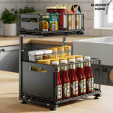 Organizator Elindor® cu 2 Nivele, Recipient de Depozitare Multifunctional si Glisant, Organizator pentru Dulapul de sub Chiuveta din Baie si Bucatarie, 38 × 26.5 × 41–48.5 cm, Negru
