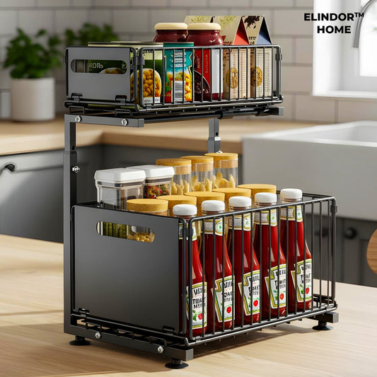 Organizator Elindor® cu 2 Nivele, Recipient de Depozitare Multifunctional si Glisant, Organizator pentru Dulapul de sub Chiuveta din Baie si Bucatarie, 38 × 26.5 × 41–48.5 cm, Negru