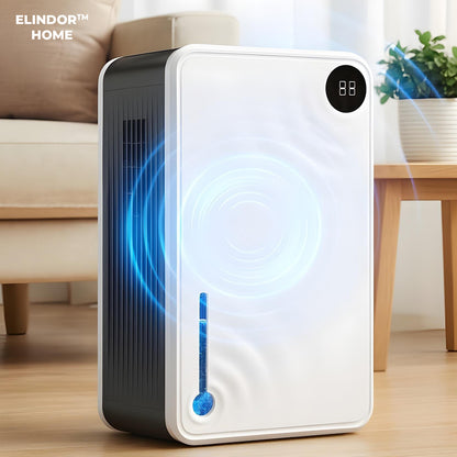 Dezumidificator Compact Elindor® pentru Aer Casa, Rezervor 3500ml, Ultra Silentios 35dB, Oprire Automata, Filtru Detasabil, 2 Trepte Viteza,7 Lumini LED, Perfect pentru Dormitor, Baie, Living, Ajuta la Prevenirea Formarii Mucegaiului, 21 x 12 x 35 cm, Alb