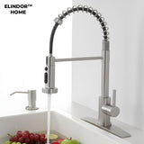 Baterie Chiuveta Bucatarie Argintie Elindor® Robinet de Apa Modern, cu Suport Incastrat pentru Sapun, Jet Reglabil, Cap Dus Extractabil cu Trei Functii, Monocomanda, pentru Bucatarie, Otel Inoxidabil, Finisaj Mat