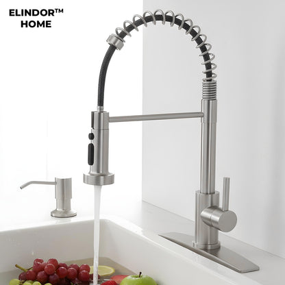 Baterie Chiuveta Bucatarie Argintie Elindor® Robinet de Apa Modern, cu Suport Incastrat pentru Sapun, Jet Reglabil, Cap Dus Extractabil cu Trei Functii, Monocomanda, pentru Bucatarie, Otel Inoxidabil, Finisaj Mat