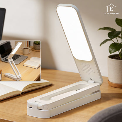 Lampa de Birou Elindor® Alba cu LED Integrat, Incarcare USB si cu Acumulator, 3 Moduri Lumina Camera Rece/Cald, Comanda prin Buton, Veioza Pliabila cu Brat Reglabil, Compacta si Portabila, pentru Birou, Dormitor, Hol, Living, 21 × 42 × 5 cm