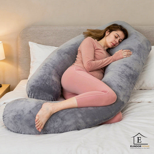 Perna Gravide si Alaptare Elindor®, Multifunctionala, Forma de U, Husa din Bumbac Satinat Detajabila, Lavabila, Suport Burta, Picioare, Cap, Gat, Spate, Ideala Pentru Formit Lateral, 2 kg, 79 x 152  cm, Gri