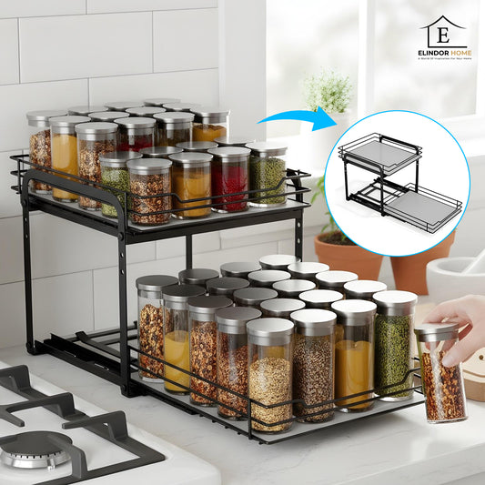Organizator Condimente Elindor® pe 2 Nivele, Sertar Glisant Organizare, pe Blat sau in Dulap sub Chiuveta, Suport Metalic, pentru Bucatarie, Baie, Camara, Bar, Raft cu Sertare Depozitare Condimente, 26.4 × 23.2 × 23 cm, Negru