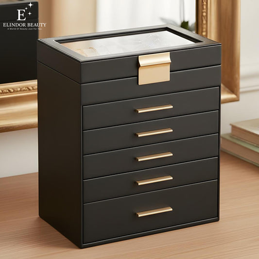 Cutie de Bijuterii Elindor® Organizator pe 6 Niveluri, Sertar x5, Spatiu de Depozitare pentru Inel, Verighete, Lantisoare, Bratari, Cercei, Caseta din Material Catifelat, Design Rafinat, Simplu si Elegant, Piele Ecologica Neagra, 16.3 x 25 x 29 cm